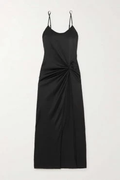 SKIMS Ruched Stretch-Silk Slip Dress – Soot – Slipdress Aus Stretch-Seide Mit Raffung ,Schwarz