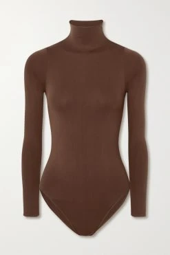 SKIMS Essential Mock Neck Long Sleeve Bodysuit – Smokey Quartz – Body Mit Stehkragen ,Neutral
